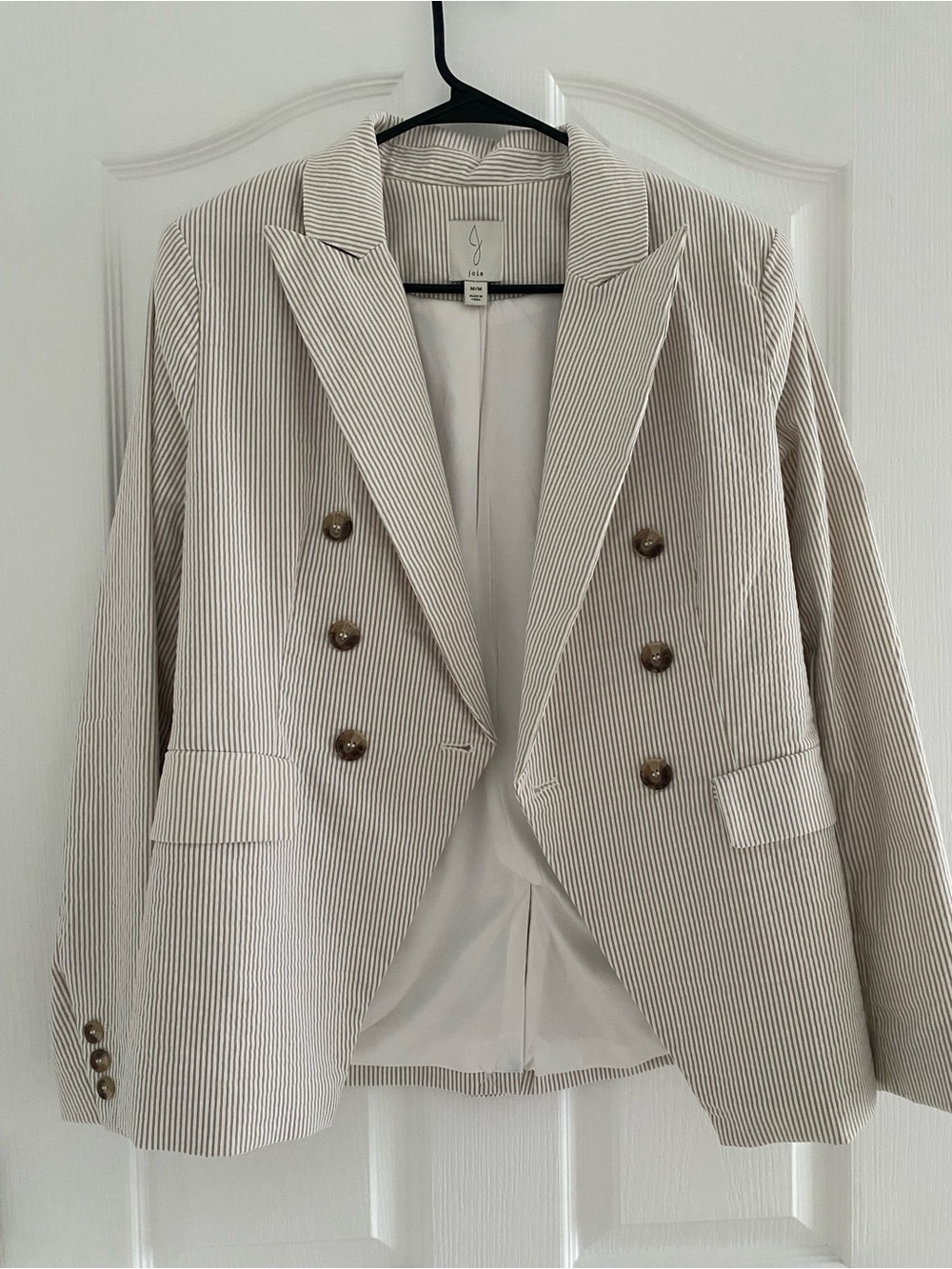 Joie Double-Breasted Striped Blazer in Cream and White